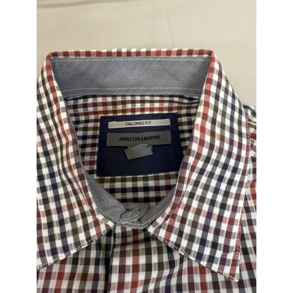 Johnston Murphy Shirt Mens Size Medium Blue Orange Plaid Button Up Tailored Fit - Picture 4 of 16